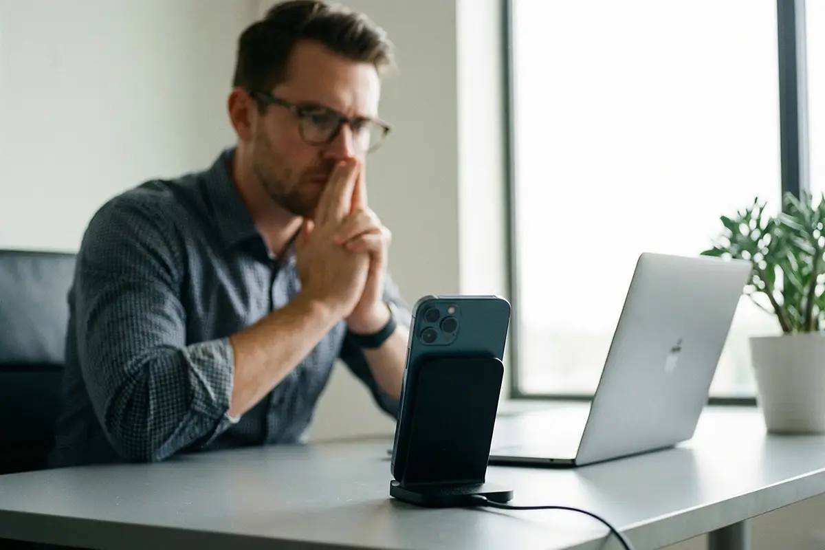 Ein Geschäftsführer sitzt mti seinem Smartphone und Laptop an seinem Schreibtisch und wartet geduldig auf Kontaktanfragen.